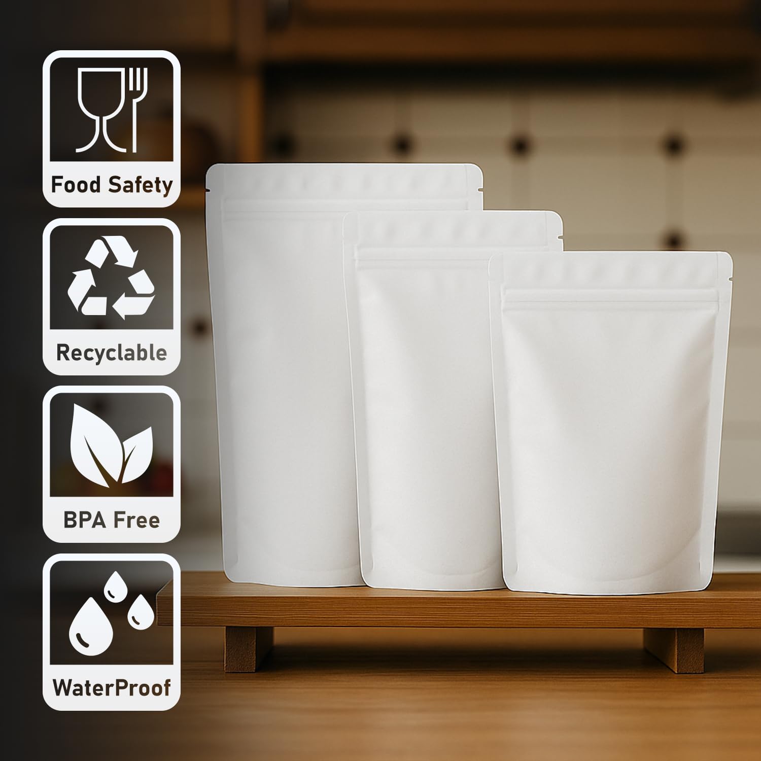 SKY FLEXI PACK Matte Finish White Zip Lock Stand Up Pouches Without Window | 3 Different Sizes Combo | Pack of 30 (10 Each) | Reusable Airtight Storage Bags | Multi-Purpose Polyester Pouch 4