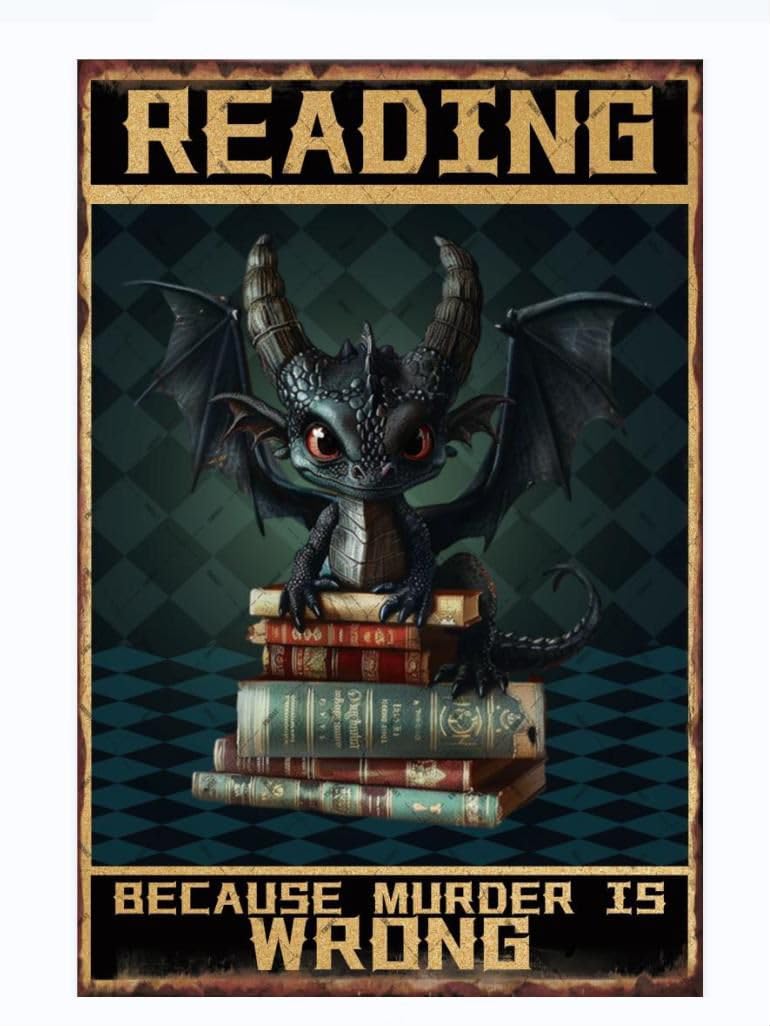 EMOHAT Vintage Black Dragon Metal Tin Sign Reading Books Signs Reading Because Murder Is Wrong Wall Art Gifts Home Decorations Retro Decor for Living