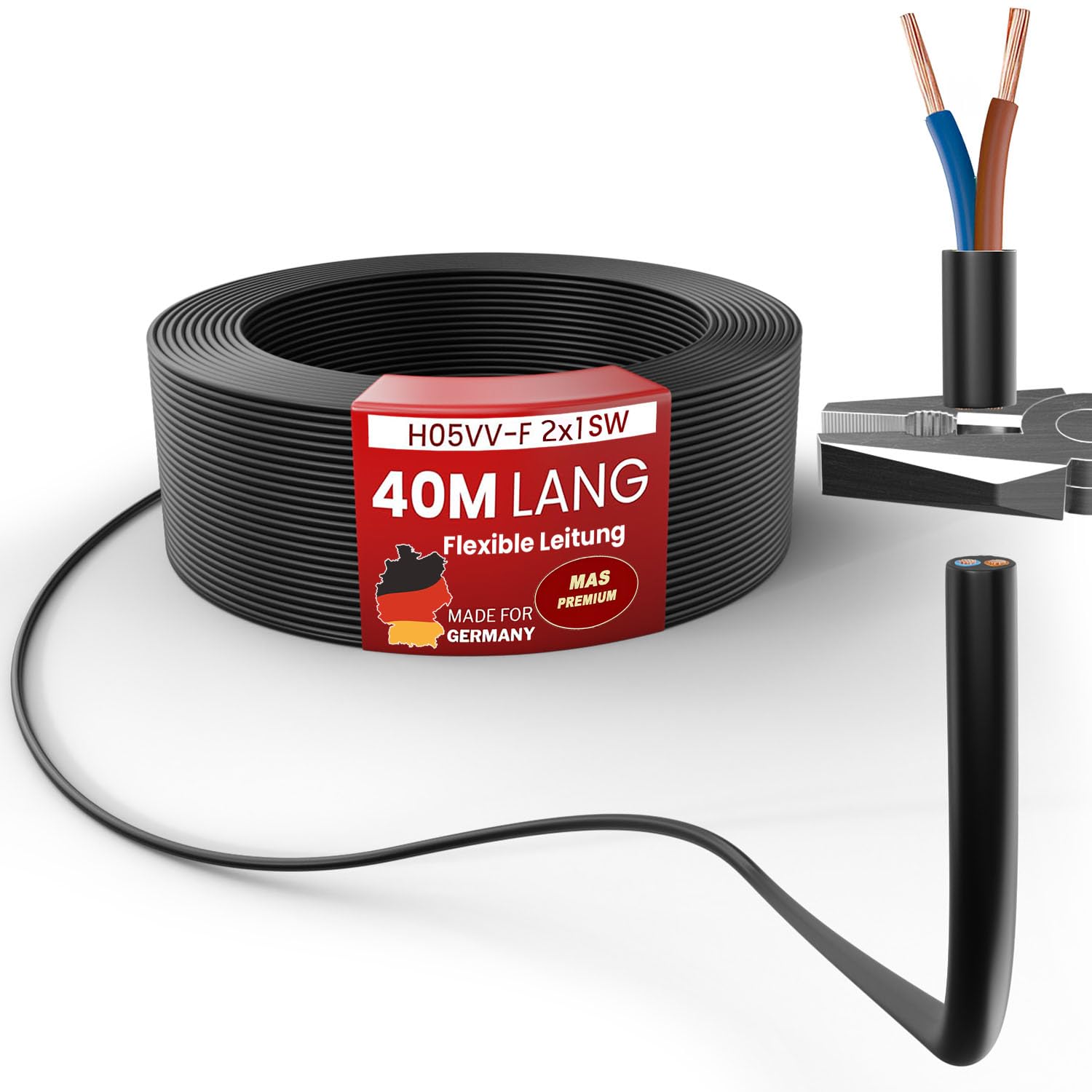 Cable de manguera de plástico H05VV-F de 5 a 100 m, 2 x 0,75; 2 x 1; 2 x 1,5 o 2 x 2,5 cm, color negro flexible (H05VV-F 2 x 1 SW, 40 m)