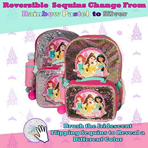 Disney Princess 4 Piece Backpack Set, Flip Sequin 16" School Bag for Girls with Front Zip Pocket, Pink3
