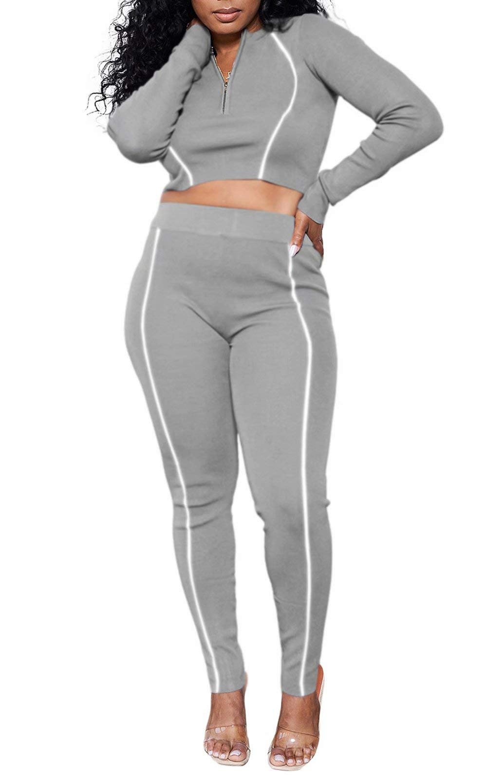 Neyaolk Womens Tracksuit Sleeve Patchwork - Sexy Zipper Reflective Stripe Crop Top Bodycon Pant Set Sweatsuit
