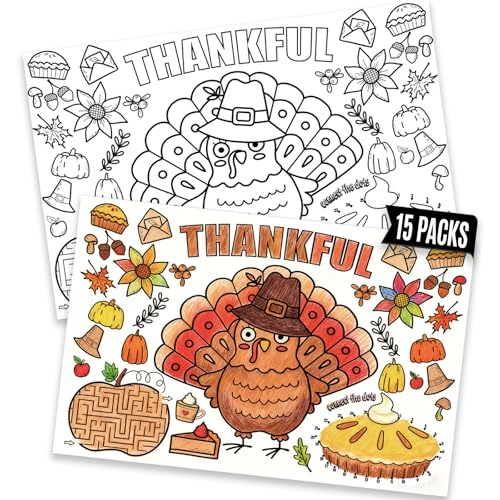 Thanksgiving Crafts for Kids 15Packs 17X11Inches Coloring Placemats with Thankful - Fall Art Activities for Friendsgiving, Preschool & Kindergarten Projects for Toddlers,Kids, Girls & Boys
