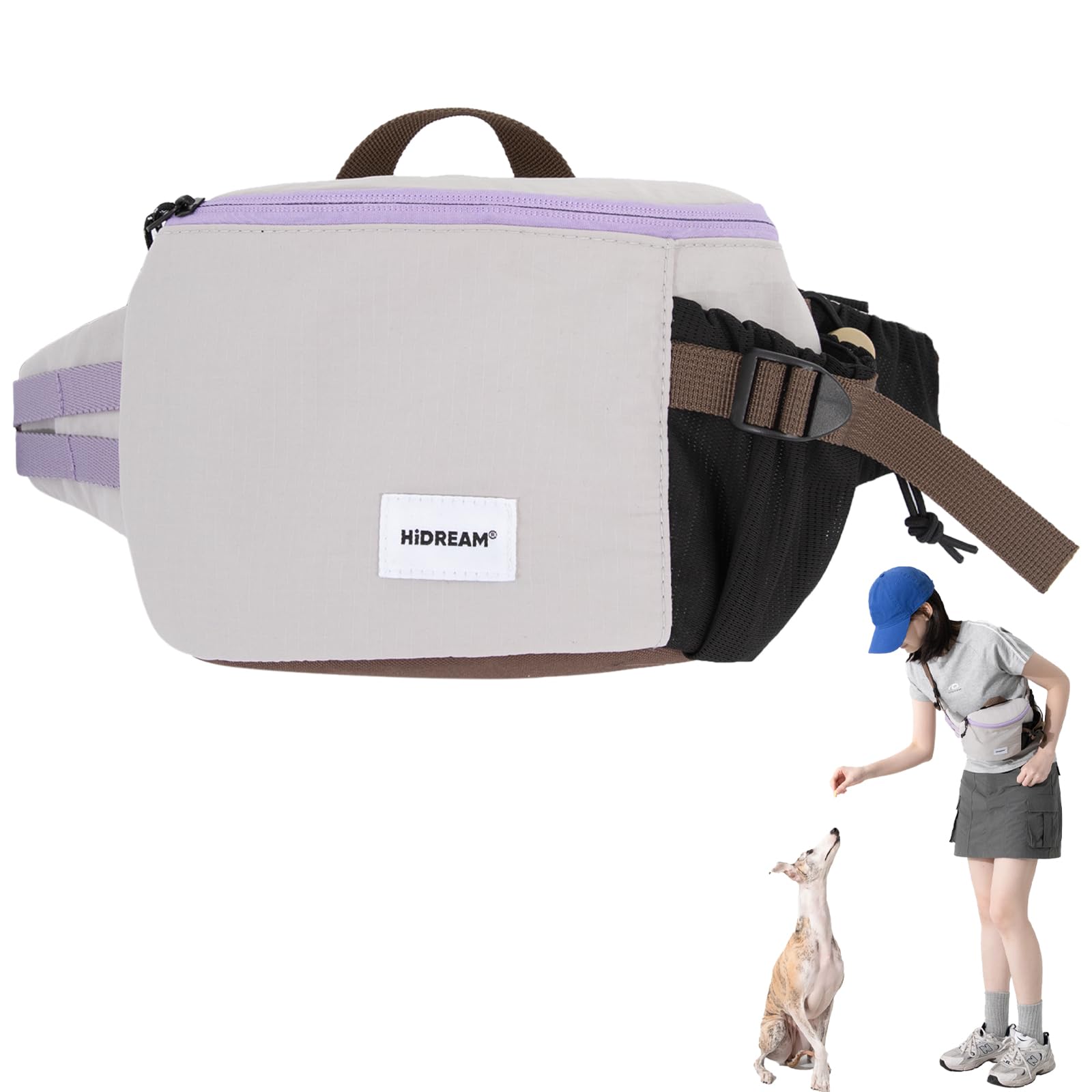 Pochette à friandises 2 en 1 pour chien et sac à bandoulière pour animal domestique, sac banane étanche pour dressage de chiot pour promener les chiens (gris)