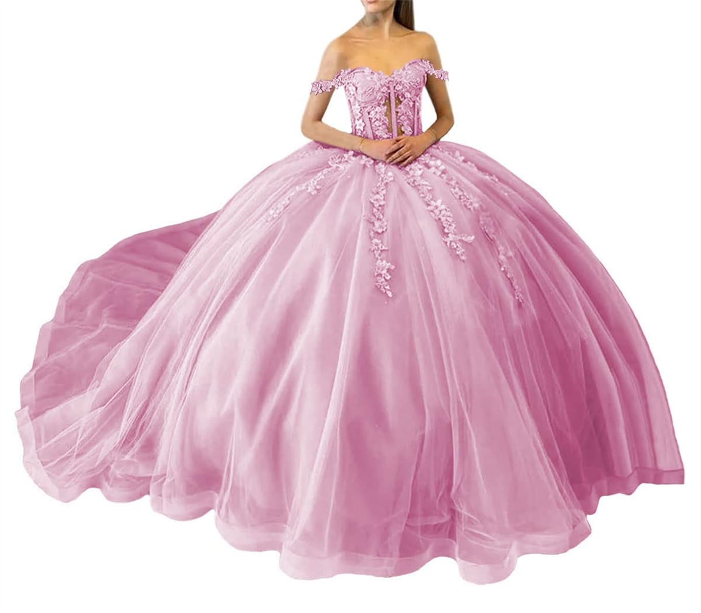 Wseyu Women's Wisteria Lace Pageant Gowns With Train Sequin Off Shoulder Puffy Tulle 16 Quinceanera Dresses For Uk14