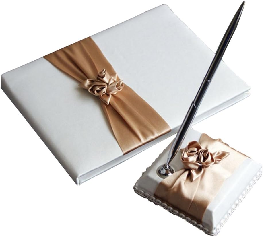 KateMelon Blush Ivory Wedding Guest Book and Pen Set (Champagne Sash)