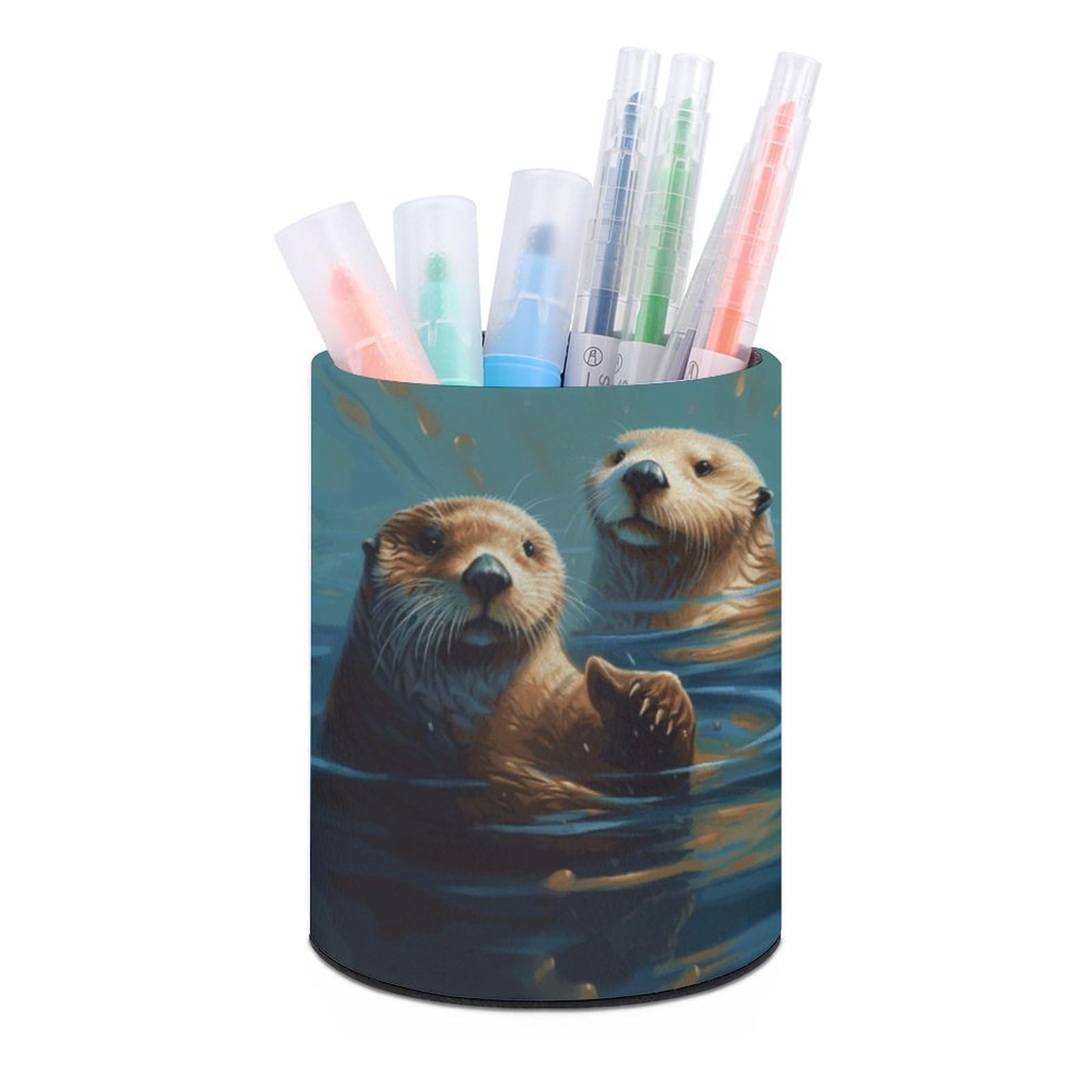 VstaDank Sea Otters Painting Pen Holder PU Leather Pencil Cup Minimalist Desk Pencil Holder Round Make Up Brush Organizers For Office Dorm Room&Vanity Desk Accessories