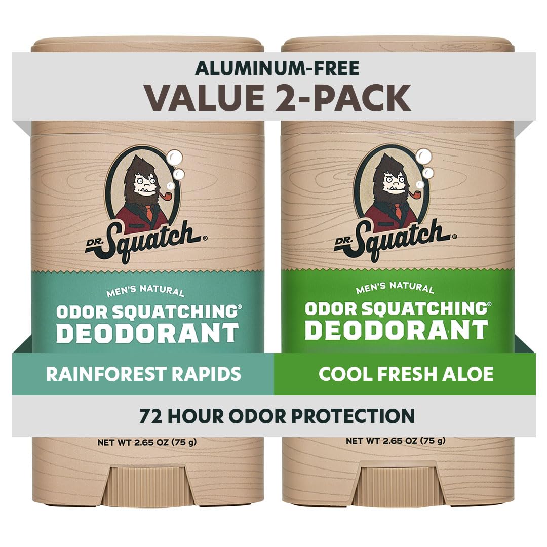- Dr. Squatch Natural Men’s Deodorant – Aluminum Free Natural Deodorant Men with Charcoal & Postbiotics for 72-Hour Odor Protection – Rainforest Rapids + Cool Fresh Aloe, 2.65oz Stick (2-Pack)