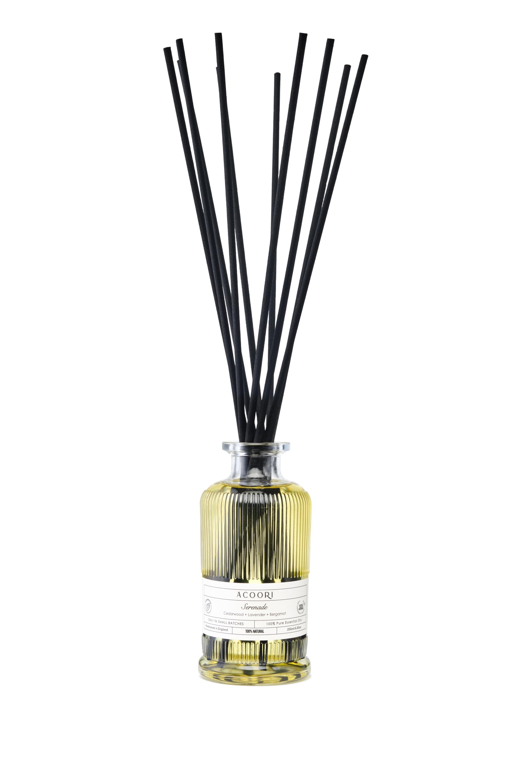 AcooriSerenade Reed Diffuser | Luxury, Plant Based, 200ml | Lavender + Cedarwood + Bergamot (handmade in UK) | 10 reeds | Room Fragrance | 6m+ | RRP £68