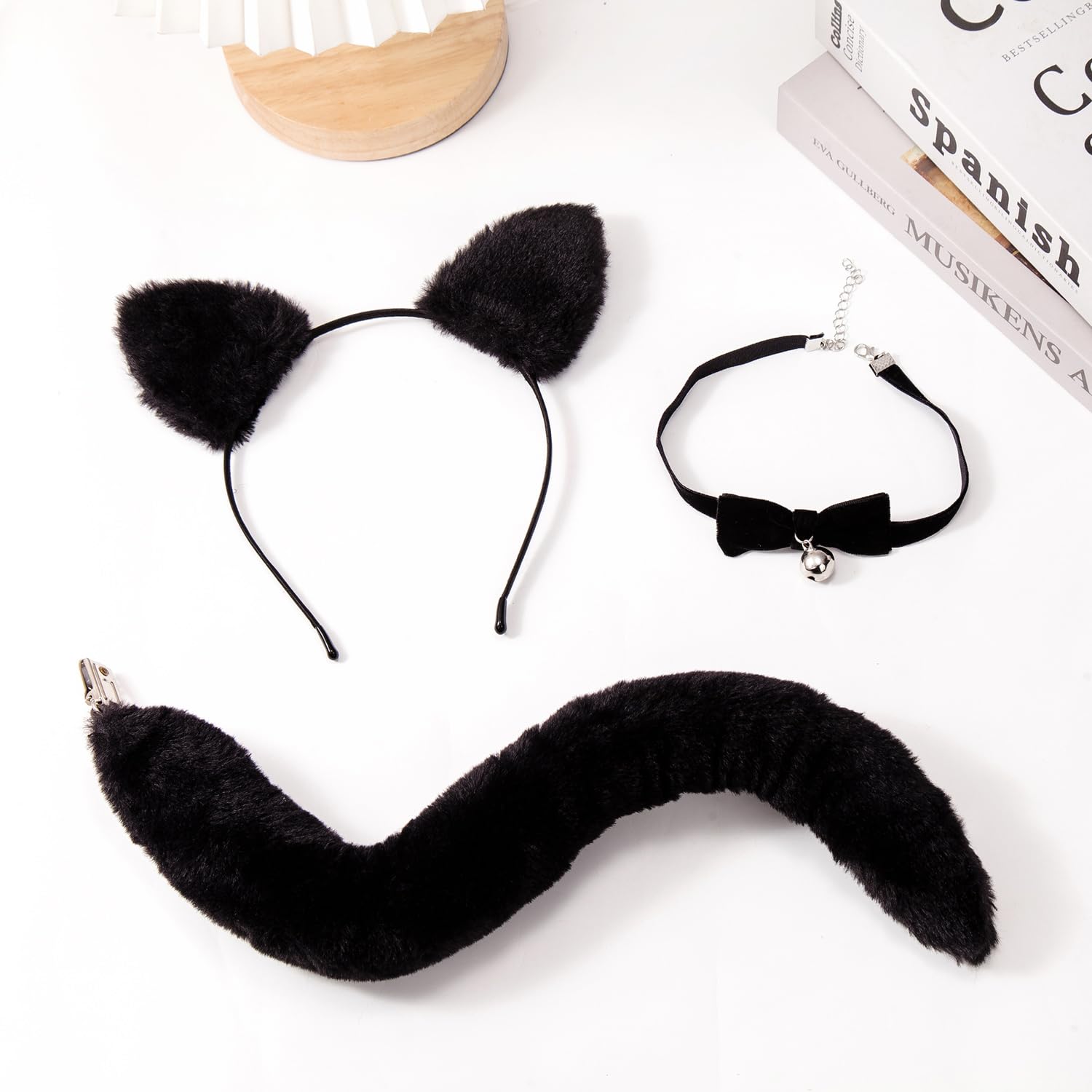JIALWEN Cat Ears Headband with Tail and Bell Collar Set Furry Black Cat Ears Headband for Women Girls Halloween Cosplay Dress Up Party Costume Accessories