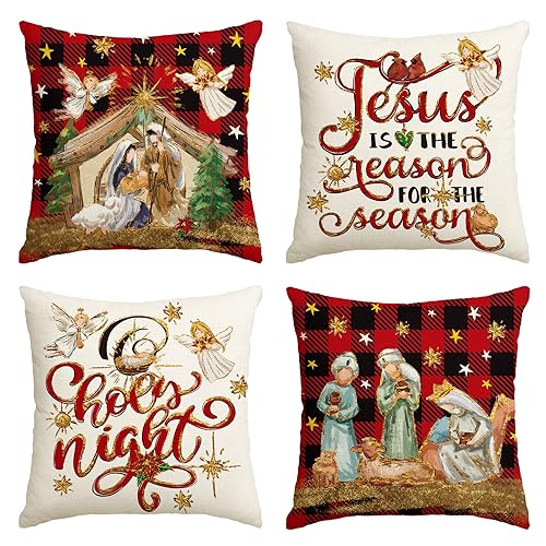 AVOIN colorlife Christmas O Holy Night Jesus Cardinal Buffalo Plaid Throw Pillow Covers, 18 x 18 Inch Christmas Saying Winter Holiday Cushion Case Decoration for Sofa Couch Set of 4
