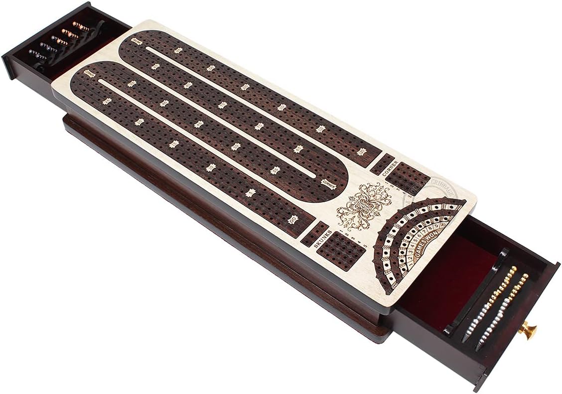 House of Cribbage - Continuous Cribbage Board Inlaid 4 Track in Maple Wood/Rosewood - Drawer Storage for Pegs and Score Marking Fields for Won Games