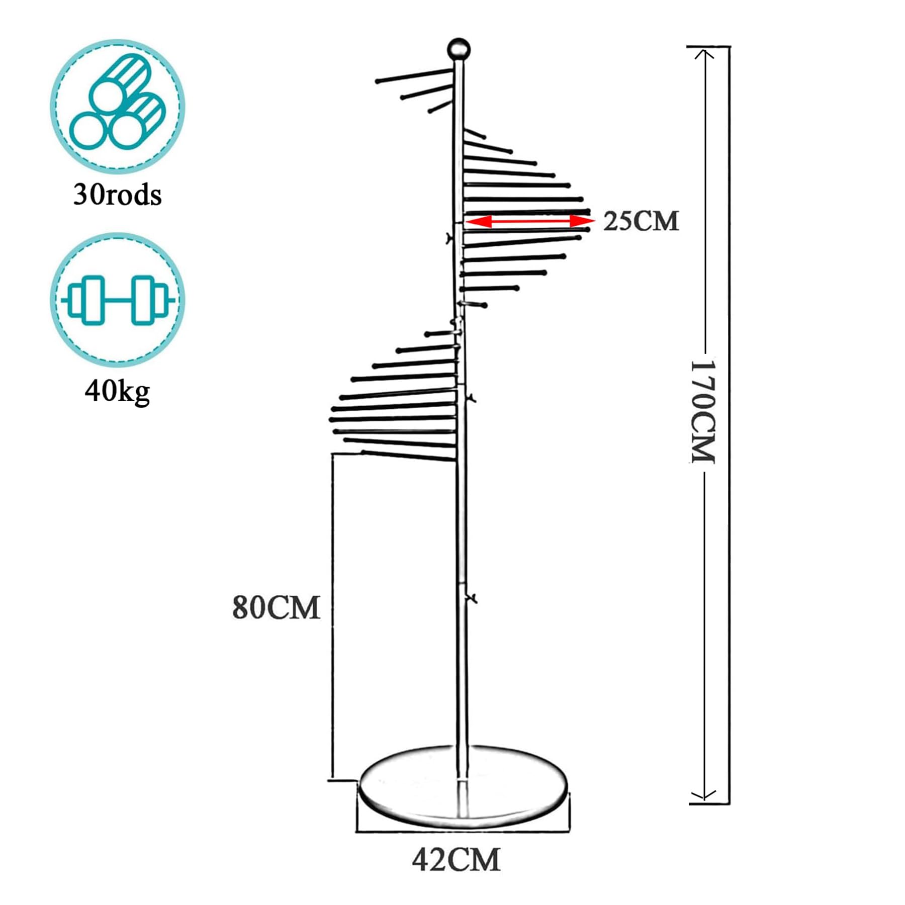 Porte Foulard En Spirale Porte-Écharpes Spirale Métal - 30 Tiges - Support Cravates/Ceintures - Design Autoportant Or 42x170cm Portant Vetement Solide