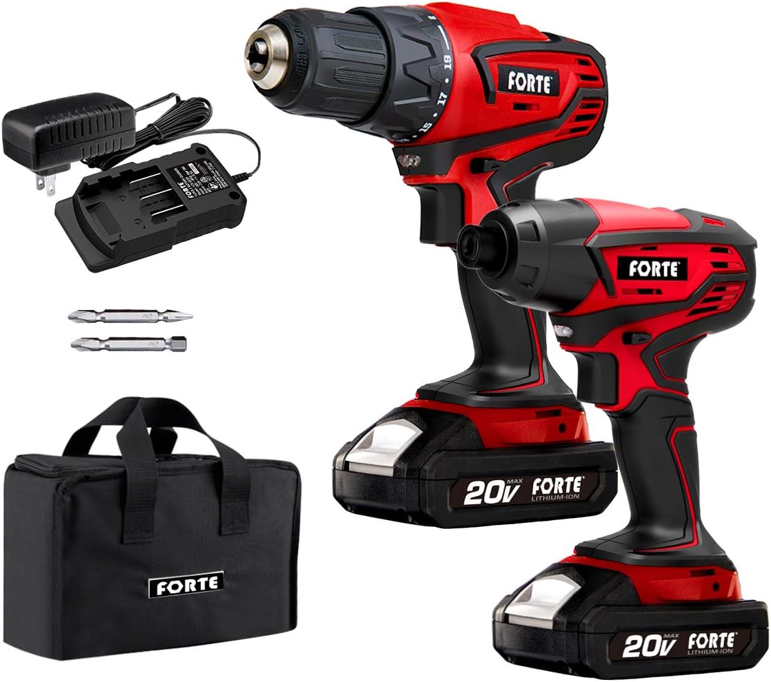 FORTE Cordless Drill Combo Kit - 20V Max Drill Driver and Impact Driver Cordless Power Tool Set with 2Pcs Lithium-Ion Batteries, Charger and Storage Bag included