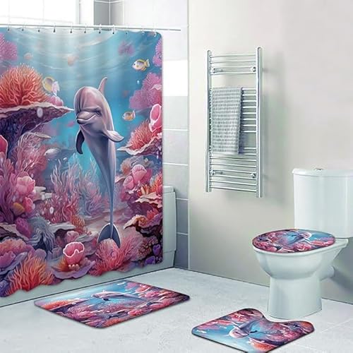 NEWSUYAA Cortinas de Ducha con alfombras de baño, Juego de 4 Piezas de delfín Coral decoración de baño Antideslizante Cubierta de Asiento de Inodoro y Ganchos, Cortinas d