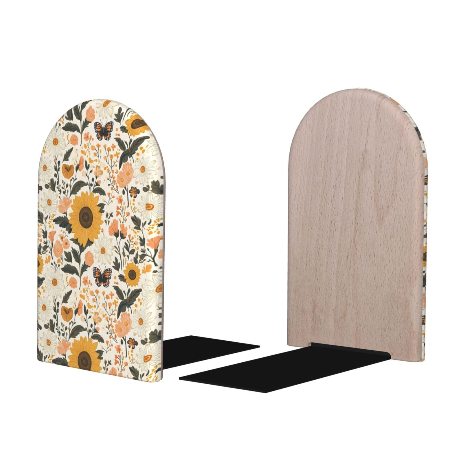 Flower Sunflower Butterfly Print BookEnds 1 Pair, Decorative Bookends for Heavy Books, Wood Book Ends for Shelves, Book Organizer for Home Desk Office Supplies