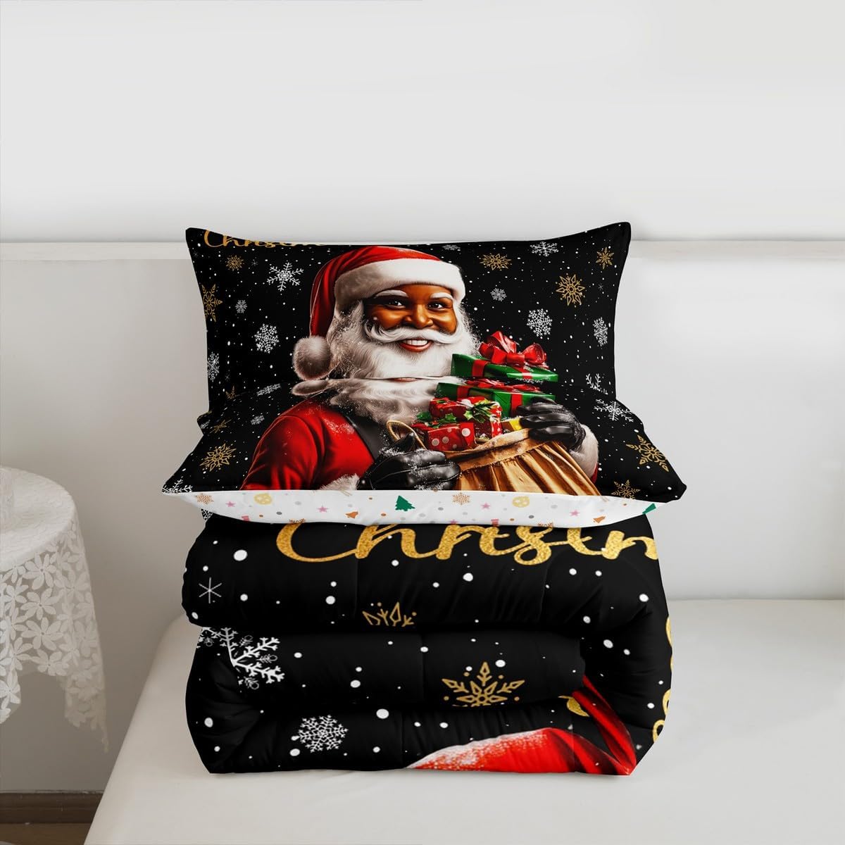 Feelyou Christmas Comforter Set Full Size Black Santa Claus Bedding Set for Kids Boys Girls Xmas Gifts Duvet Quilt African American Man Bedroom Decor Snowflake Microfiber 3Pcs with 2 Pillow Cases