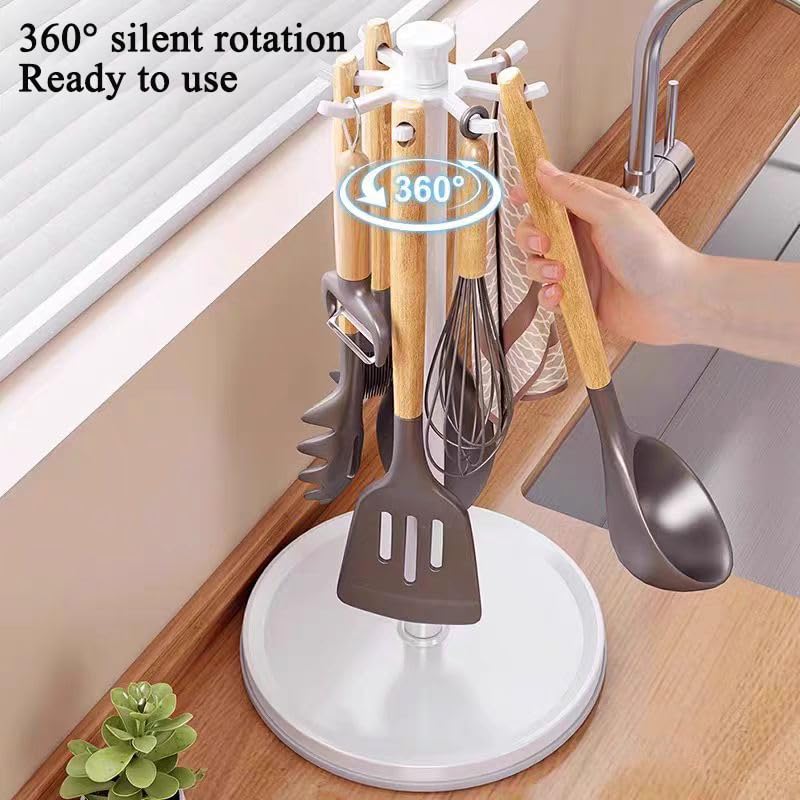 Portautensili in alluminio, 44,5 cm, verticale, con rotazione a 360°, 8 ganci, organizer per appendere la cucina, spatola, cucchiaio (bianco) - immagine 3