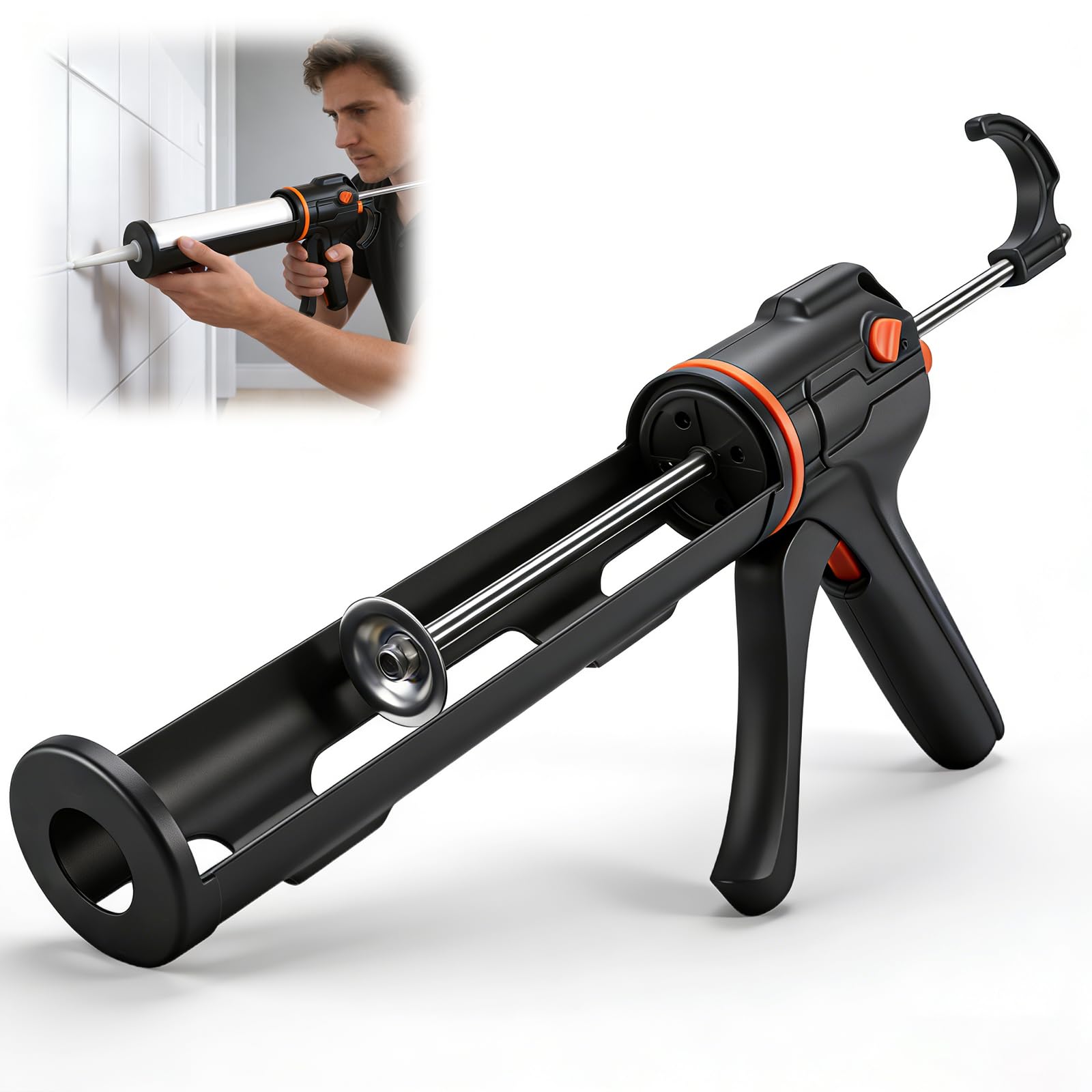 Pistola Silicona Profesional Metálica, Pistola de Silicona 18:1 Relación de Empuje Ahorra Esfuerzo & Antigoteo, Antióxido, Robusta y Duradero - Giro 360° para Cartuchos de 300 ml Calafateo, Sellado