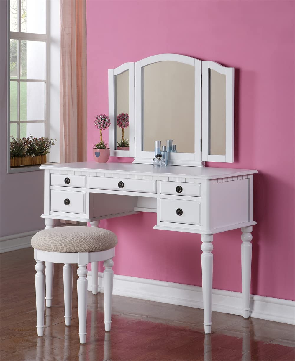 Girls White Dressing Table & Stool Mirror & Drawers
