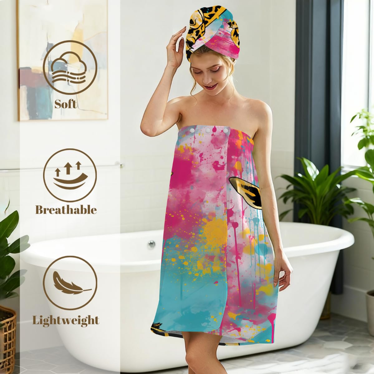 Mikrofaser-Duschtuch für Damen, mit Haarhandtuch, Aquarell-Giraffe, weiche Körperwickel, Kleid mit Haartrocknungskappe für Strand, Pool, Spa, 2 Sets