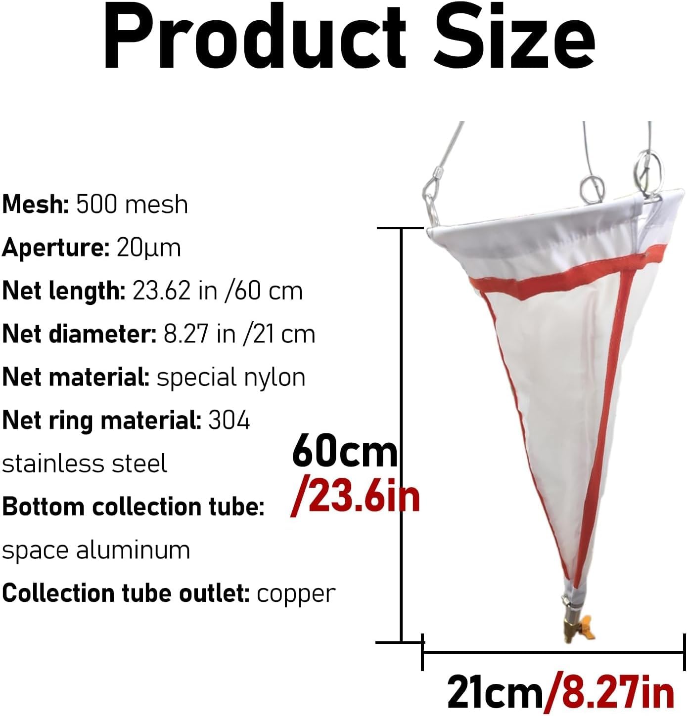 Red de plancton 20/25 μm - 60 cm de Longitud, Red de muestreo de Malla Fina 625/500 para la recolección de fitoplancton, protozoos y rotíferos - Diseño de Nailon Duradero