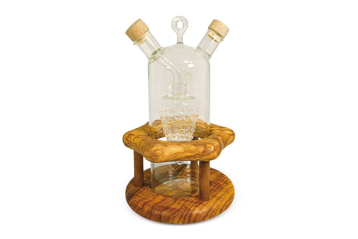Aceitera dos usos con base de flor en madera de olivo de 20x12x12 cm