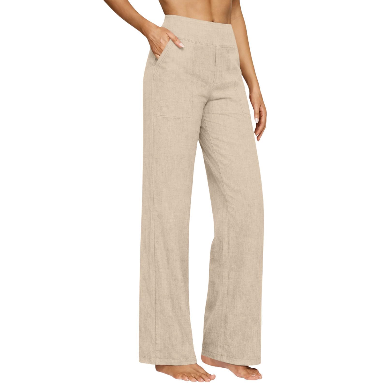 Generico Pantaloni Casual da Donna in Cotone e Lino – Gamba Larga, Vita Elastica, Ideali per Spiaggia, Vacanze e Relax – vestibilità Ampia e Leggera (Apricot,S)