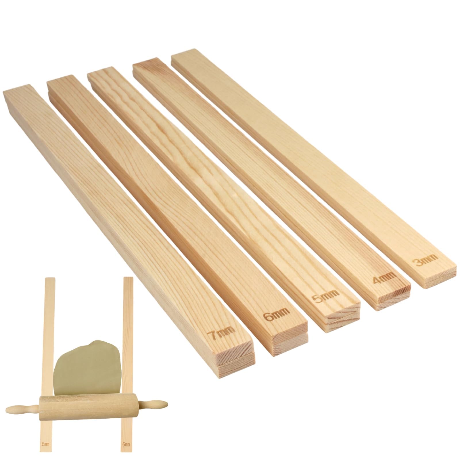 10 Pcs Pottery Rolling Pin Guides,3/4/5/6/7mm Wooden Pottery Guide Strips