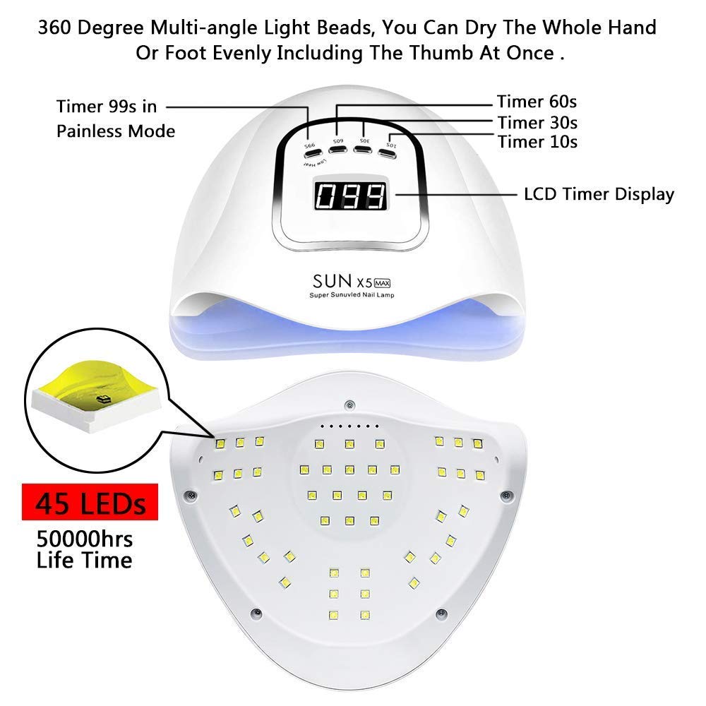 Lampe sèche-ongles 150W, Lampe à ongles UV LED pour ongles en gel, avec réglages de minuterie 10s/30s/60s/99s, capteur infrarouge, écran LCD