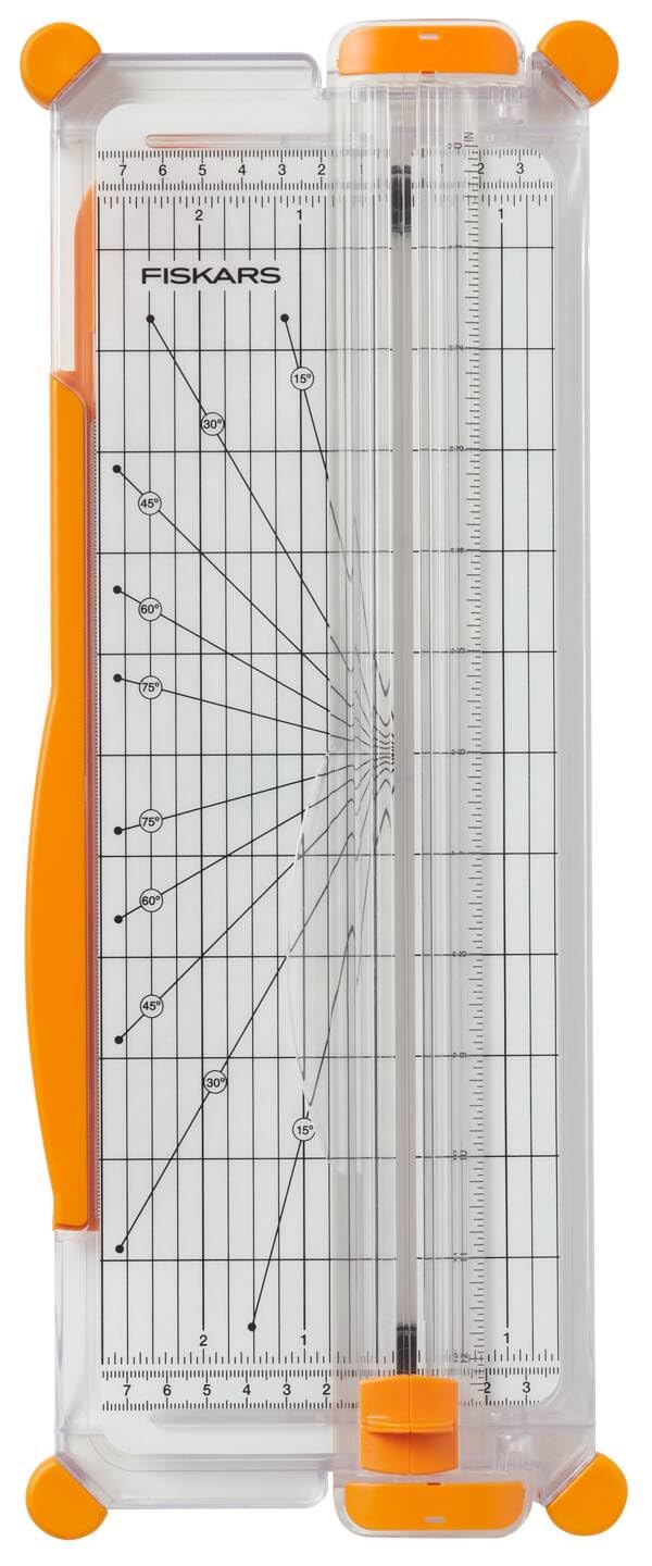 Fiskars SureCut paper cutter, A4, narrow base, paper cutter with cutting line guide, white/orange, 1077799