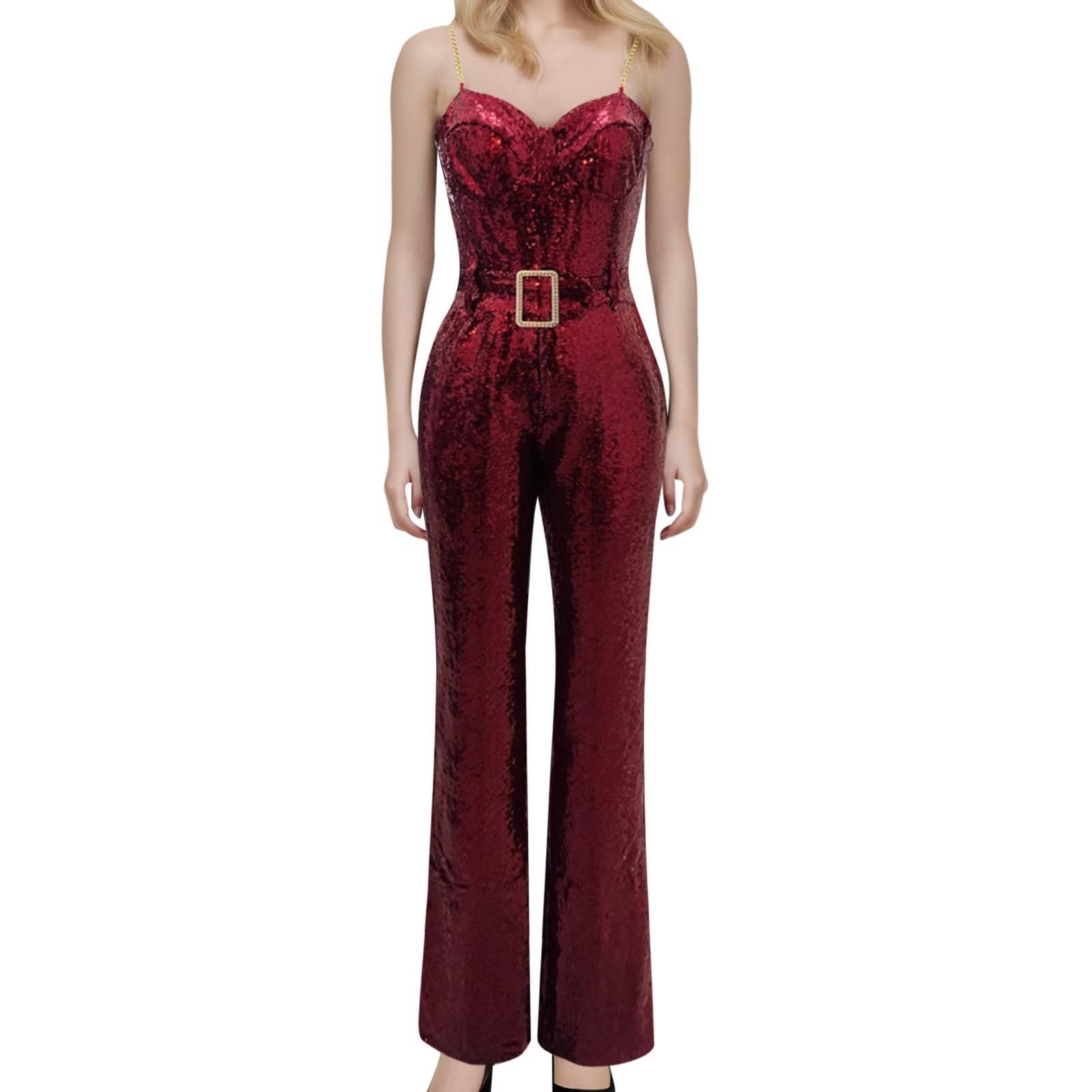 Pailletten Overall Damen Sexy Jumpsuit Figurbetont Bodysuit Rückenfrei Body Casual Hosenanzug Bequmer Einteiler mit Gürtel Weites Bein Stringbody Clubwear Party Outfit