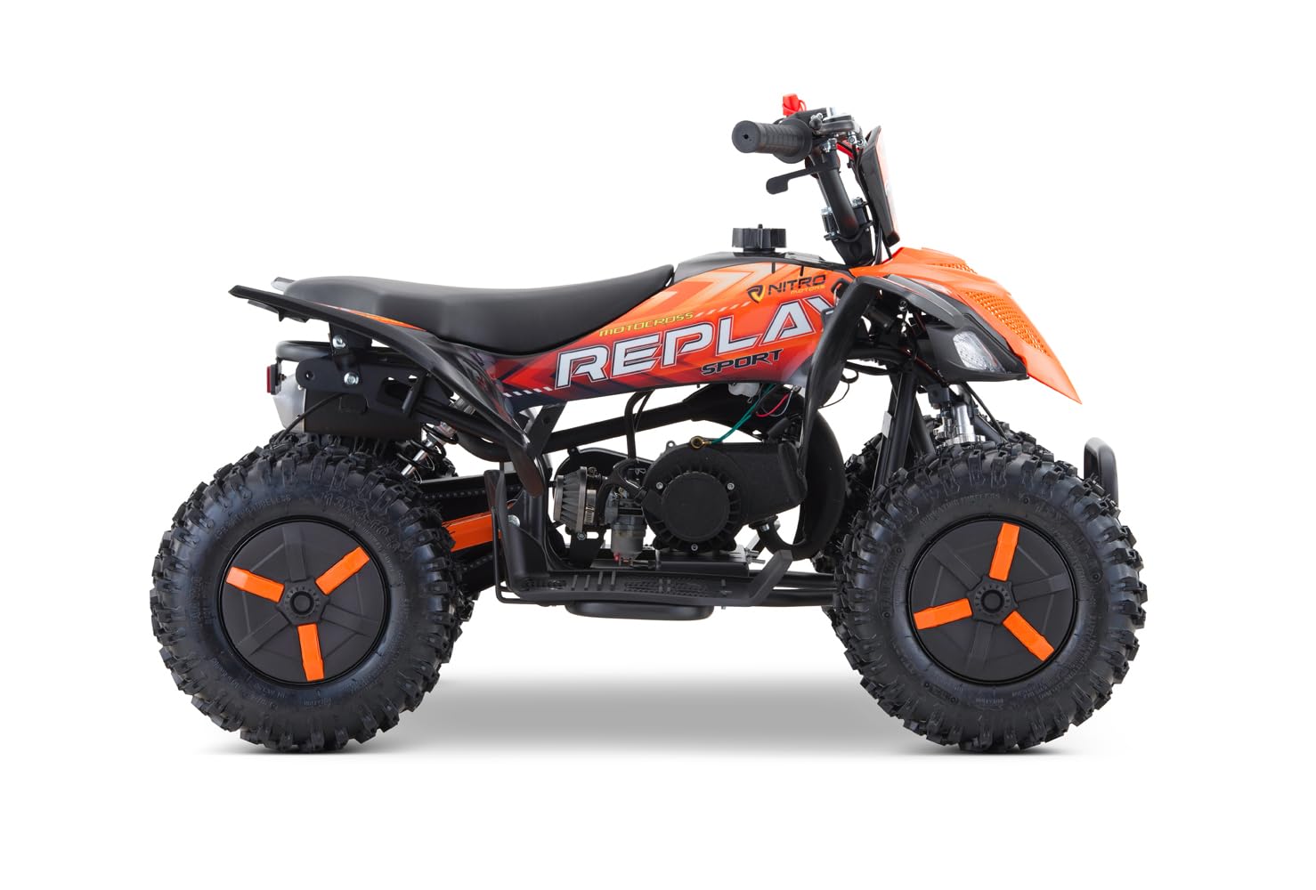 Replay Mini Quad 49cc 2 Takt Kinderquad ATV 6 Zoll Snowy Profile L Reifen Alu Easy Starter stufenlos drosselbar Automatik Kette Scheibenbremsen Sportauspuff bis 40 kmh (rot)
