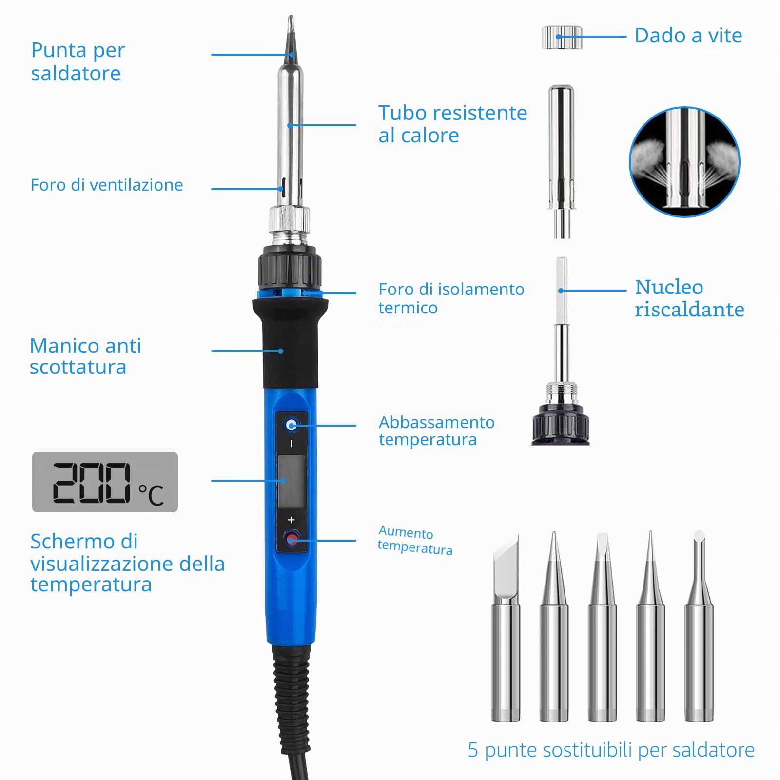 Saldatore a Stagno 80W con Display LED, Temperatura Regolabile 180-480°C, 5 Punte e Supporto