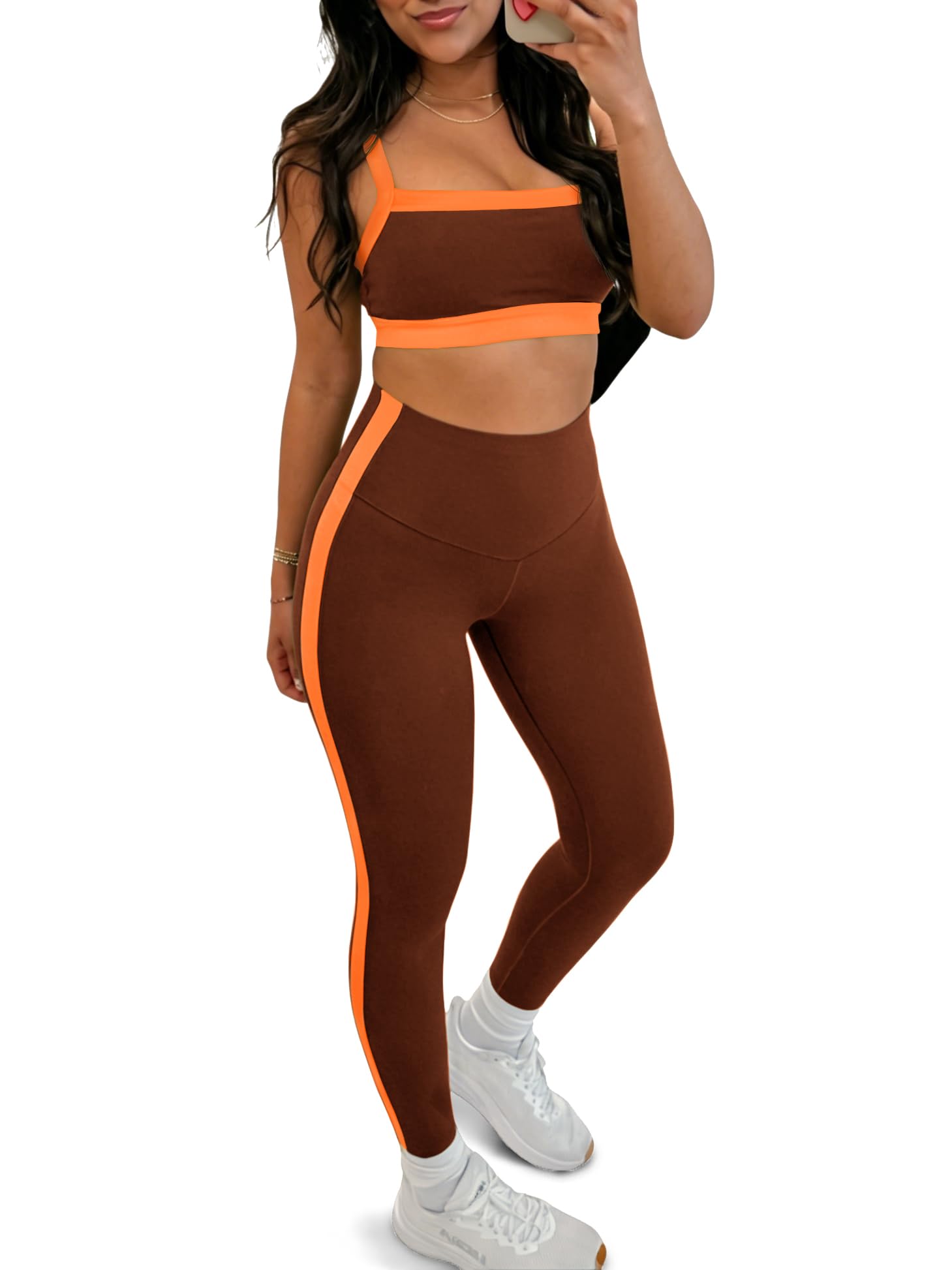 Aoysky Womens 2 Piece Workout Sets Color Block High Waisted Yoga Outfits | Strappy sports bra, matching leggings set, fashion streetwear