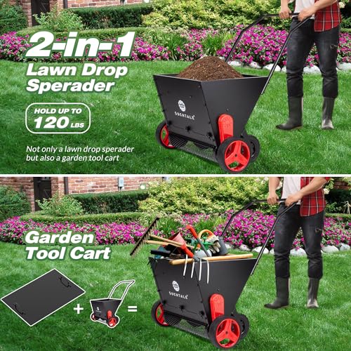Suchtale Upgrade Push Lawn Spreader for Compost & Peat Moss, Organic Fertilizer Applicator with Rotating Blades, Adjustable Rate Metal Mesh Basket Topdresser - Image 4