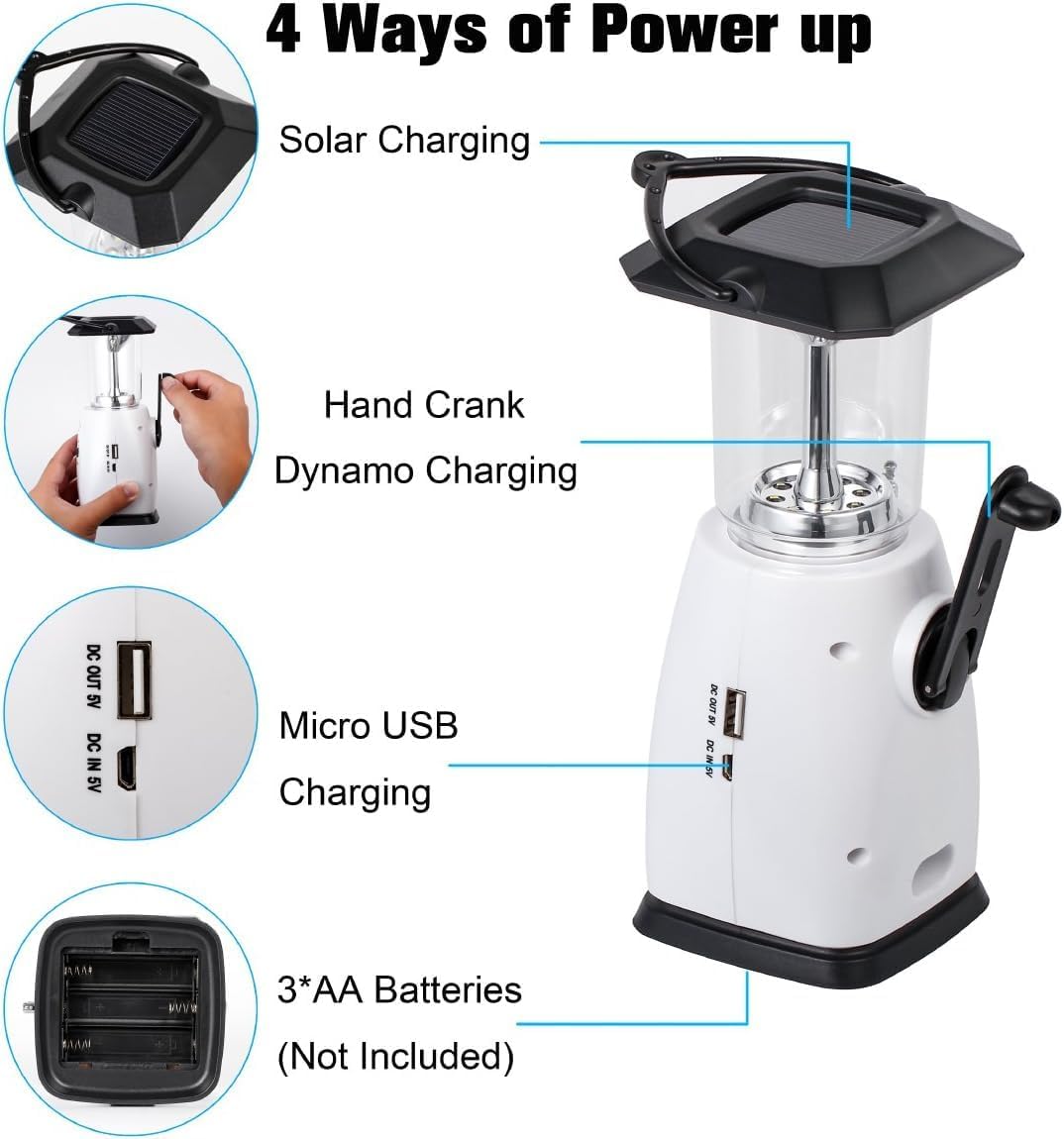 Solar Hand Crank Emergency Lantern with FM Radio, 8 LED Camping Light, USB Charging Port, Waterproof IP44, Rechargeable Battery for Camping, Hiking, Fishing image 3