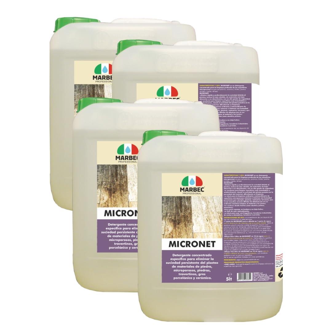 MARBEC MICRONET 5LTX4PZ Detergente específico para eliminar la suciedad de tráfico en materiales líticos microporosos, como piedras, travertinos y gres porcelánico.