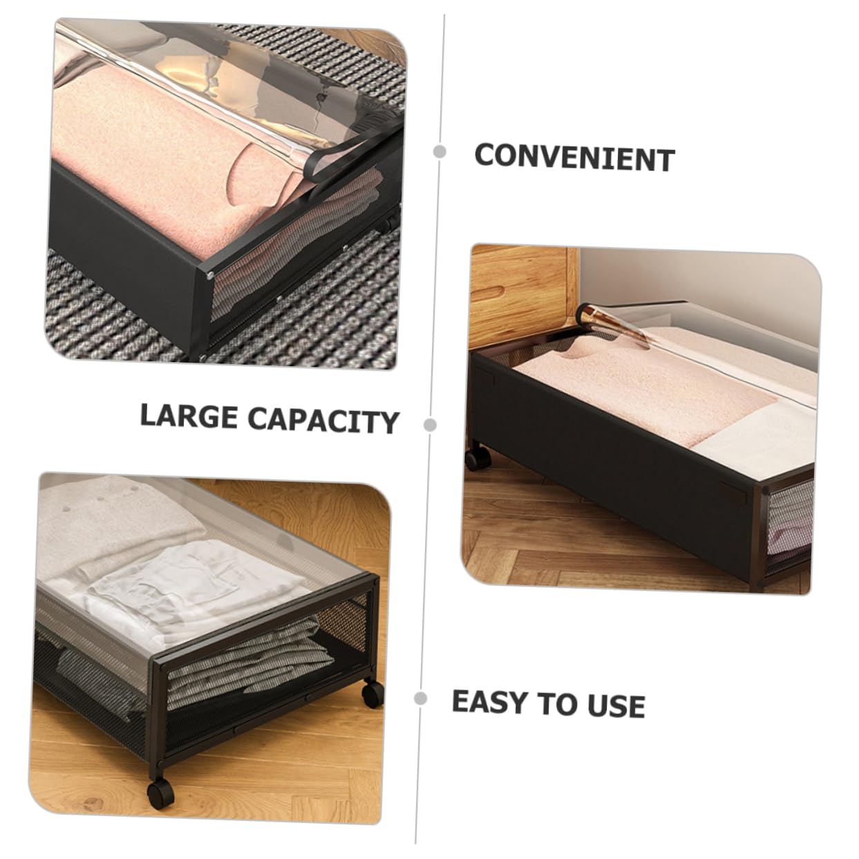 Contenedor de Almacenamiento Debajo Cama Ruedas, Negro | Tapa Transparente, Estructura Ligera en Tela No Tejida, Hierro y Pvc, para Zapatos y Prendas