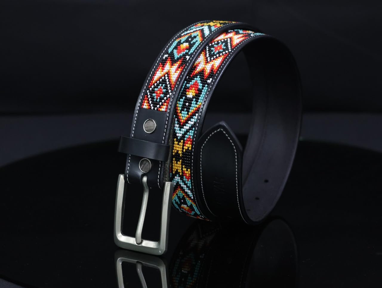 Unisex Genuine Leather Beaded Belt, Removable Buckle Cowboy Gift Belt 1.3" Wide