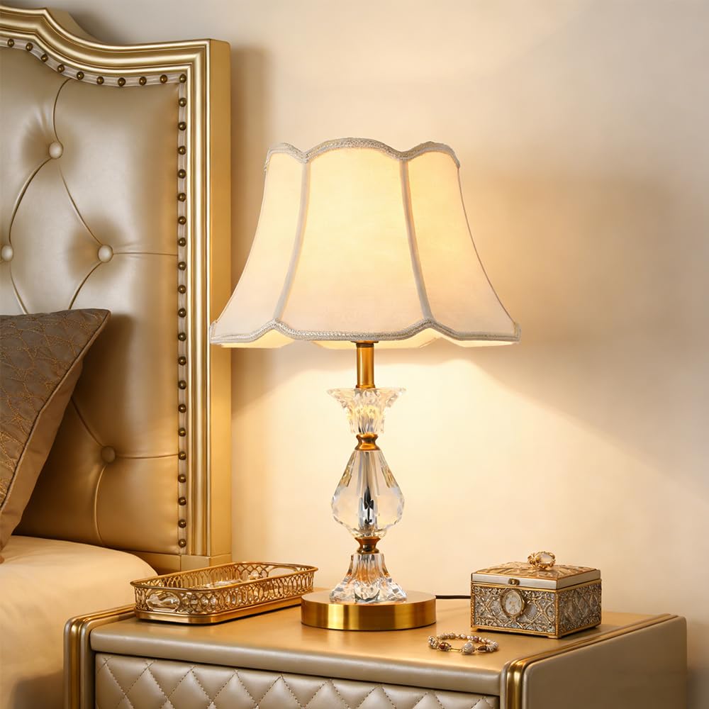 Lampara de noche, lampara de mesita de noche Blanco, E27 lampara para mesa con cristales y pantalla dorado, sobremesa Lámpara De Escritorio redondo pantalla dormitorio Sala De Estar Hotel estudio