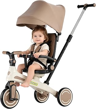Kids Tricycle, 6 in 1 Babys Toddler Trike with Adjustable HandleCoffee