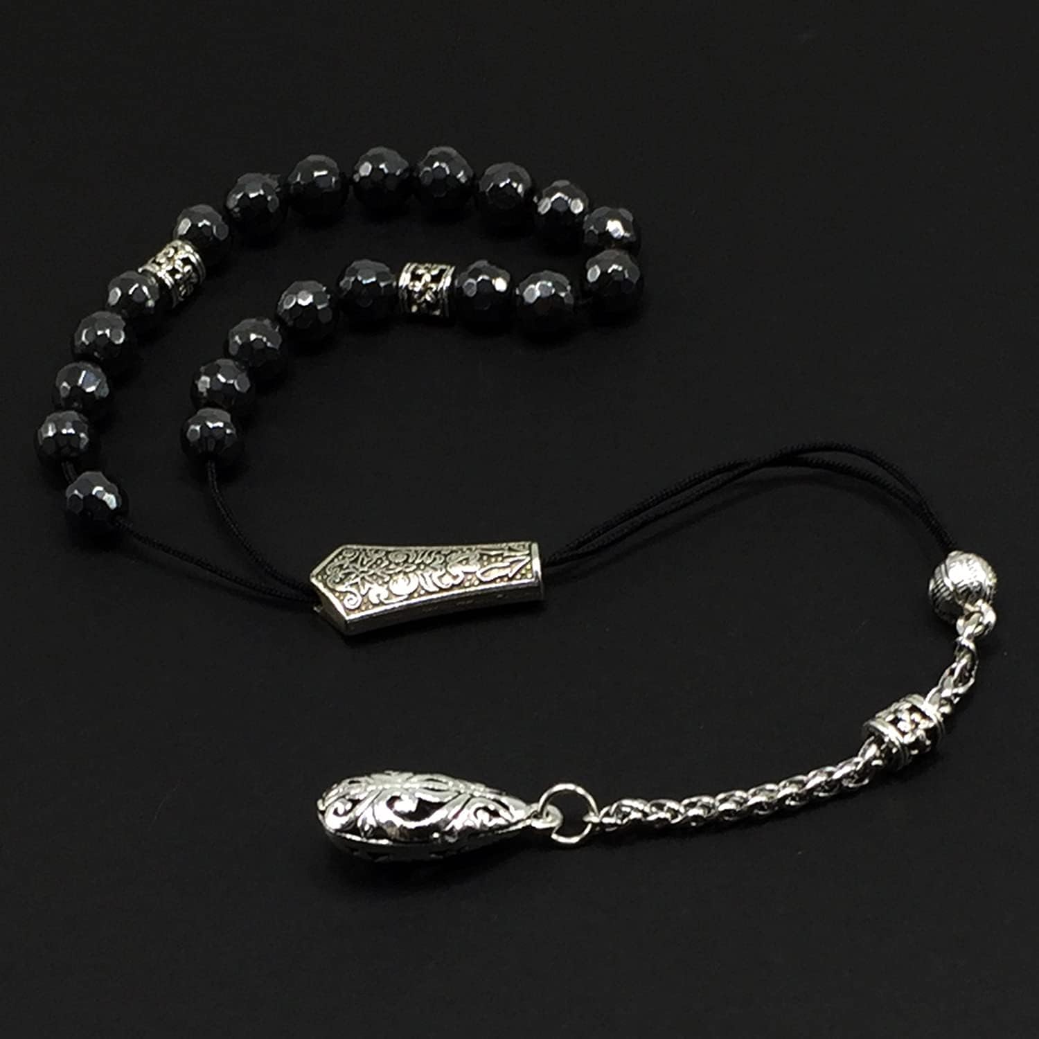 Design - Greek KOMBOLOI Series Worry Beads Begleri Pony Anxiety Beads Rosary Relaxation Stress Relief (Black Hematite Faceted Beads & Bracelet- 8 mm, 21 Beads)