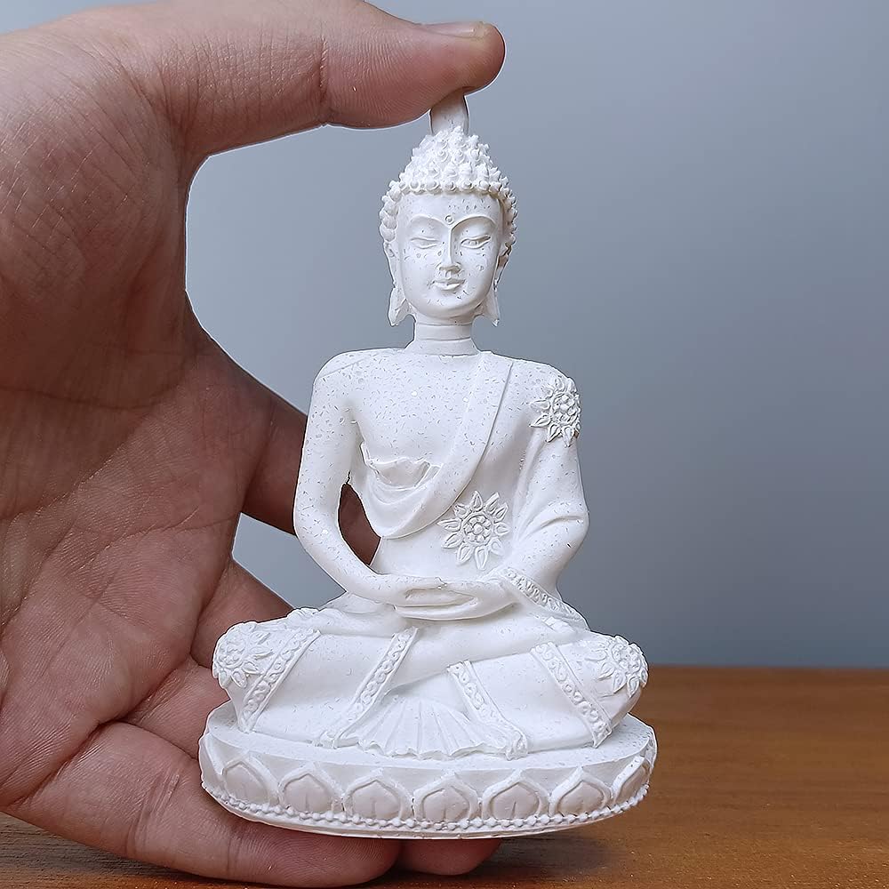 HYFAN Mini Sandstone Buddha Yoga Meditation Statue Harmonious Figurine Collectible Craft Feng Shui Sculpture Decor for Home Office Shelf Desktop (White 3