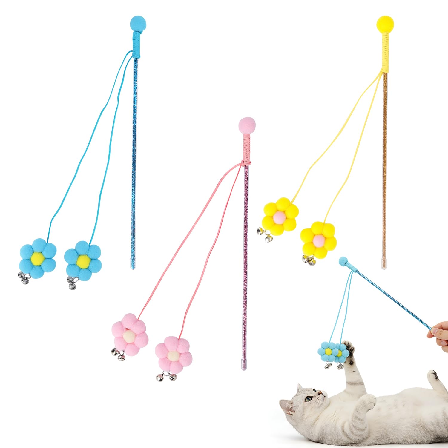 MOTIBACK 3 Pcs Cat Wand Toy for Indoor Cats, Interactive Cat Teaser Wand with Flower and Bell, Cat Stick Toys for Kitten Exercise and Play