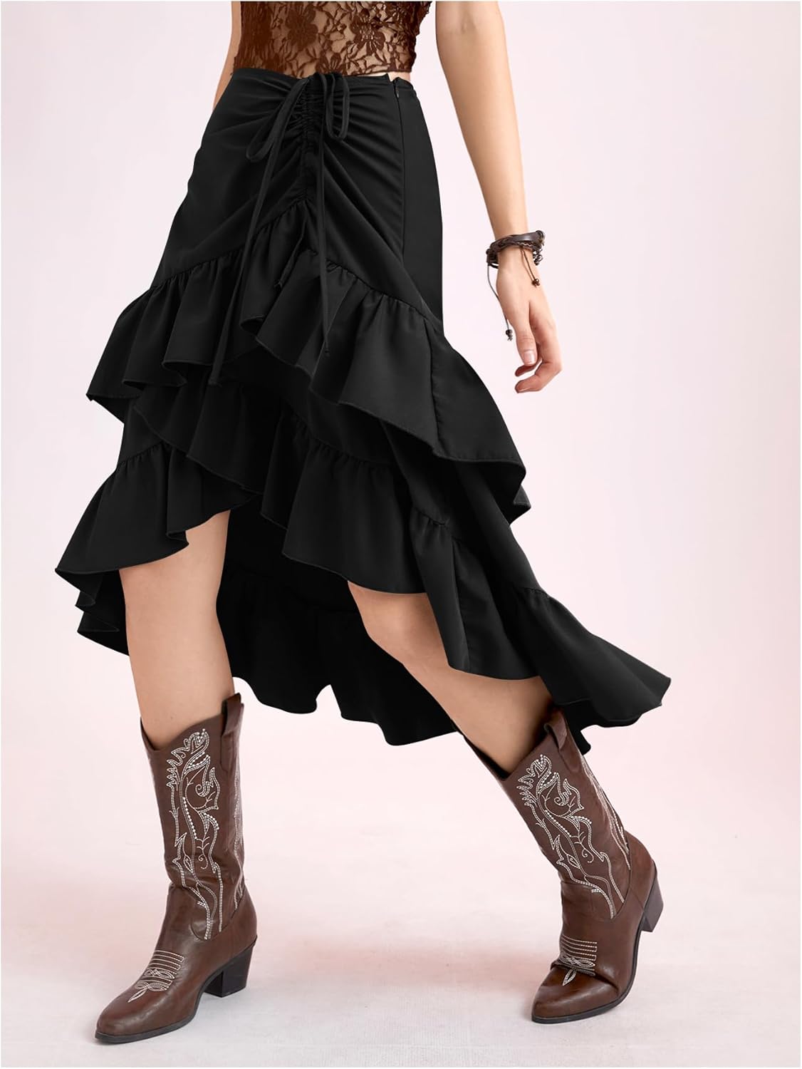 MakeMeChic Women's Asymmetrical Ruffle Wrap Midi Skirts Western Cowgirl Skirts Flowy Drawstring High Low Skirts