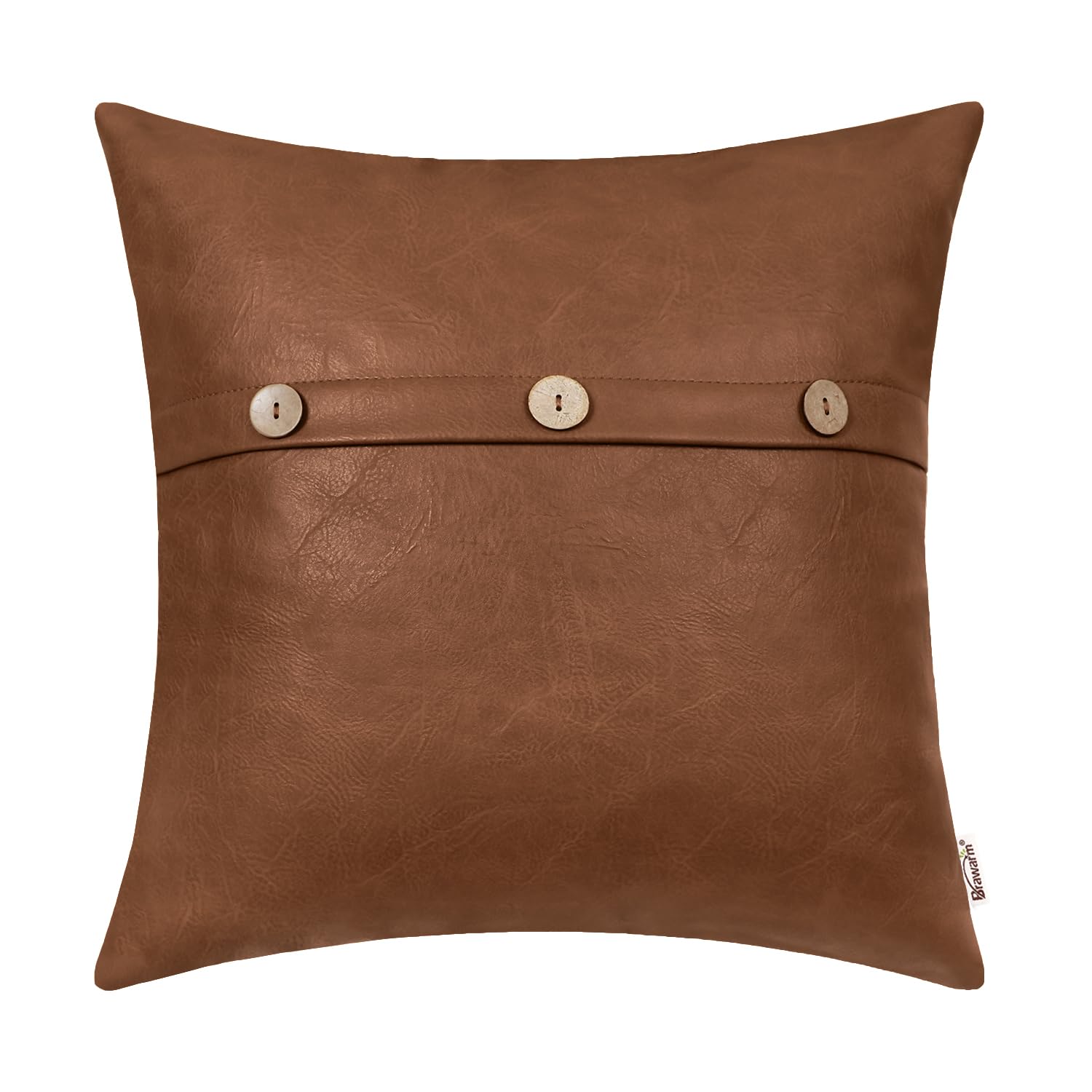 BRAWARM Leather Throw Pillow Covers 20 X 20 Inches, Brown Faux Leather Pillow Cover with Triple Button, Farmhouse Decorative Leather Pillows for Couch