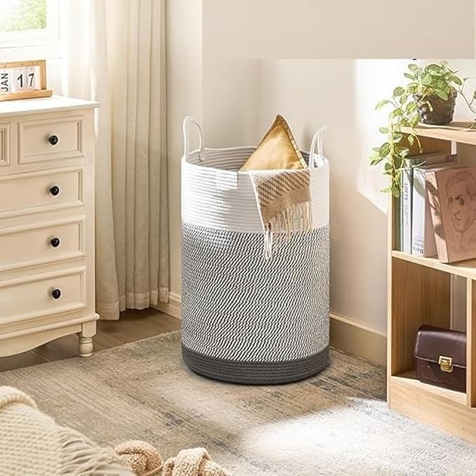 Image of Jute Cotton Rope Laundry Basket with Handles, Large Tall Clothes Hamper for Bedroom, Baby Nursery, Bathroom, Laundry Room & Home Storage Organizer (15x18 Inch, Grey Mix & White)