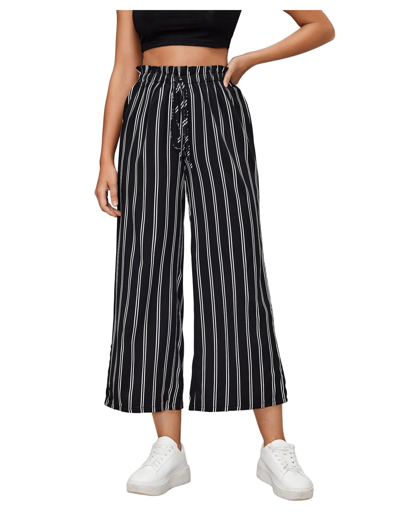 GORGLITTER Womens Striped Wide Leg Crop Pants Frill Trim Paperbag Waist Loose Trousers