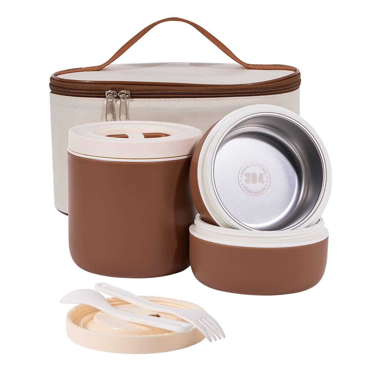 EFARYBALA Lunch Box For Adults, Stainless Steel Insulated Lunch Box With Bag, Portable Bento Boxes With 3 Pcs Leak-Proof Food Container, Microwave And Dishwasher Safe, Work And Picnic, Brown