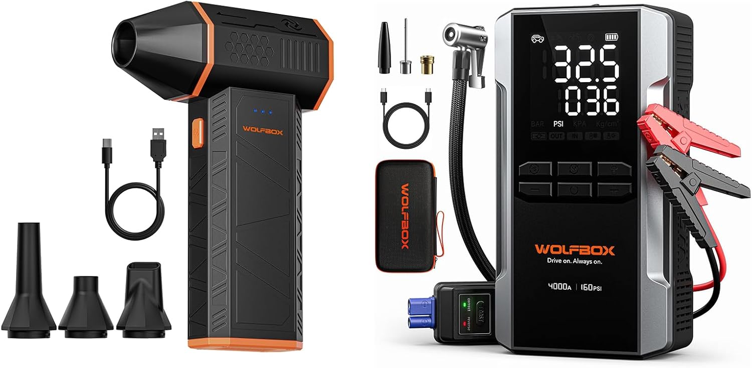 WOLFBOX 4000A Jump Starter with Air Compressor MF50 Electric Air Duster-110000RPM Super Power Cordless Air Duster